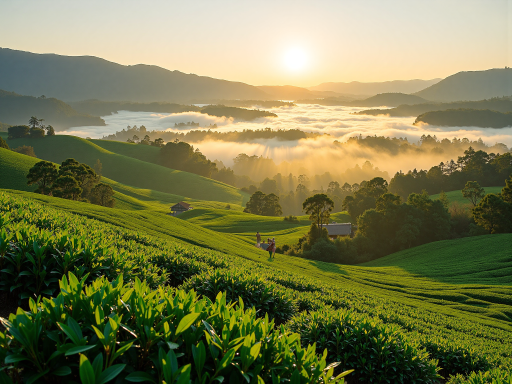 福建红茶茶园风景，绿色山坡上茶树茂盛，晨雾缭绕，阳光透过云层洒下，营造出宁静祥和的氛围