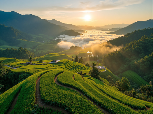 福建红茶茶园全景，远山如黛，茶树成行，夕阳西下，金色光芒洒在茶园上，营造出宁静致远的氛围